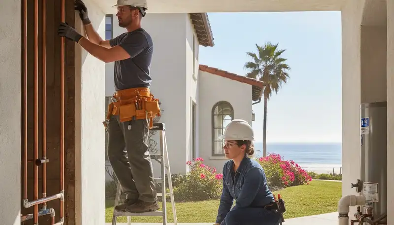 Plumber repairing pipe leak in La Jolla, CA for local plumbing repair service