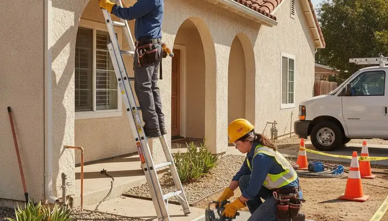 La Jolla, CA plumbing repair technicians fixing a residential leak with professional tools