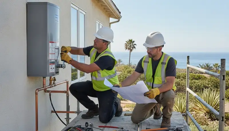 La Jolla, CA plumber repairing a leak for a local plumbing service scenario