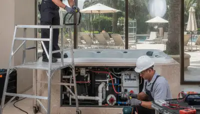 Spa repair technician servicing a La Jolla, CA home spa for reliable plumbing repair